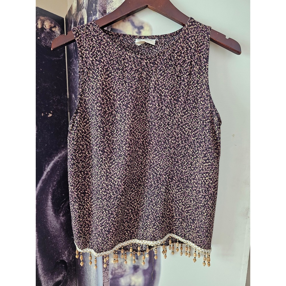 Vintage Sleeveless Rayon Top Purple Floral Beaded Fringe Hem Size Large